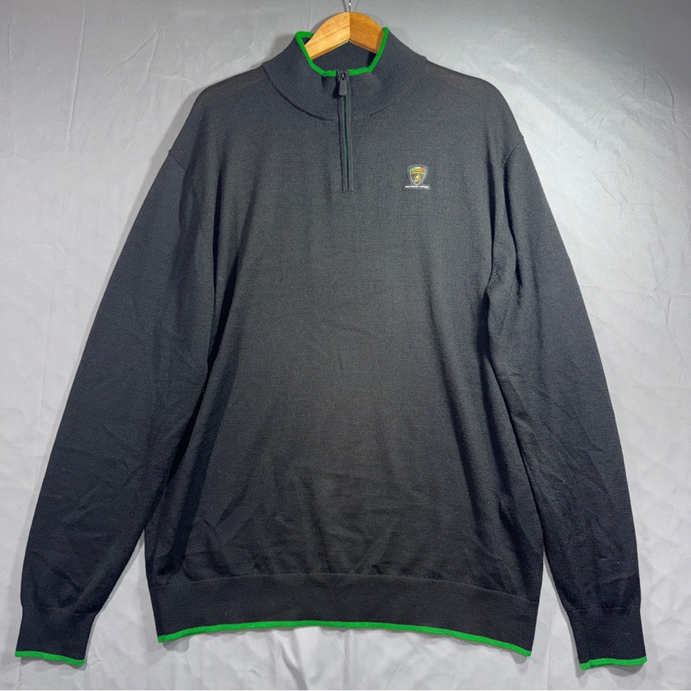 Automobili Lamborghini Sweater Mens XL Gray 1/4 Zip Mock Neck Wool Green Trim